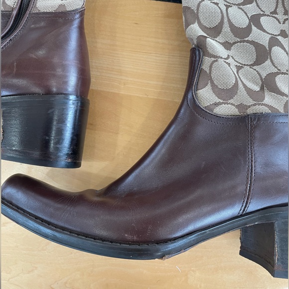 Coach Olivia P156 G2 Tall Heeled Boot Logo Signature Jacquard Brown Leather 7.5 - Picture 6 of 16